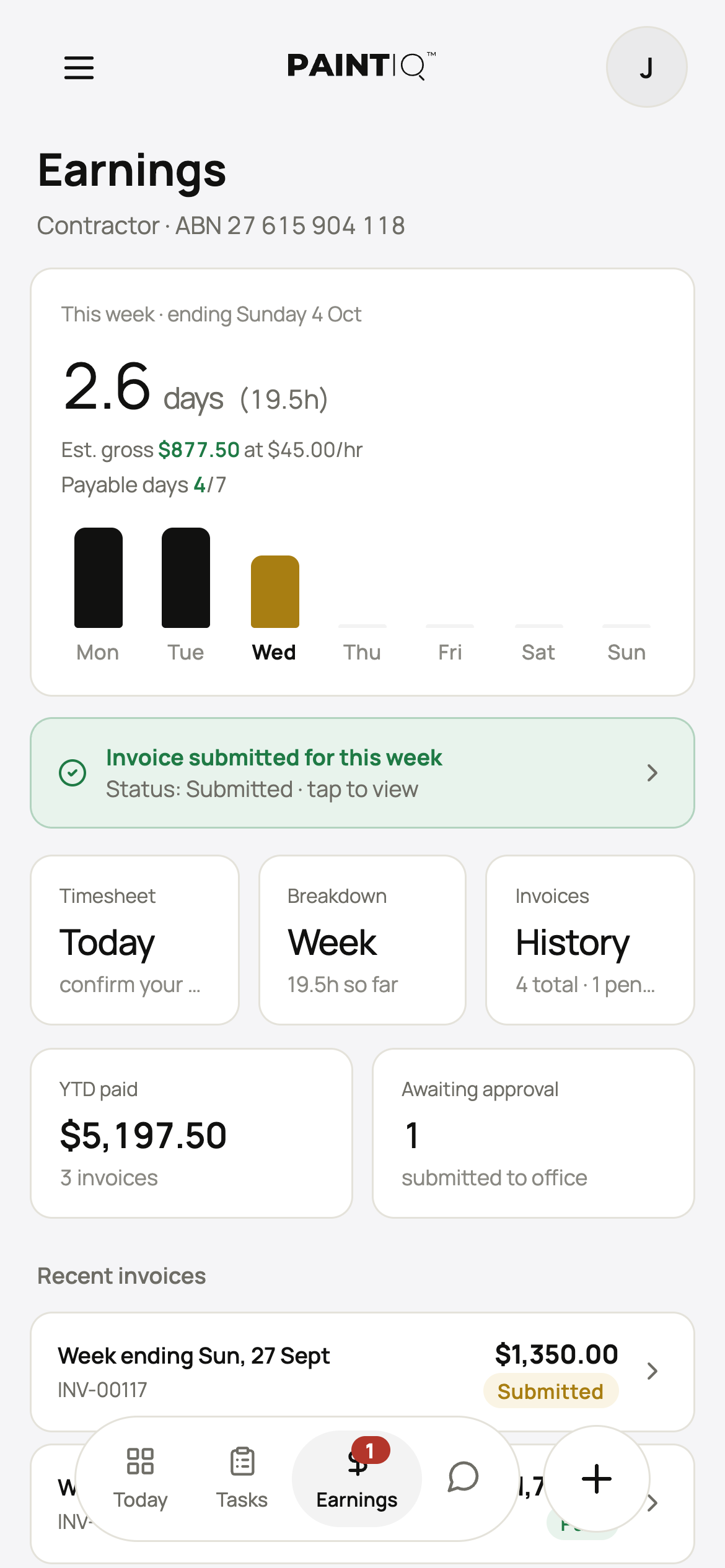 Workers App Earnings screen